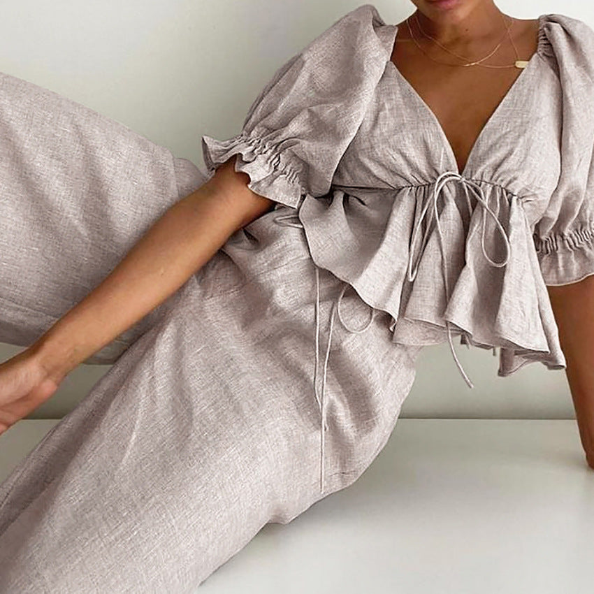 Chemise Coton Lin Col V Manches Bouffantes Femme