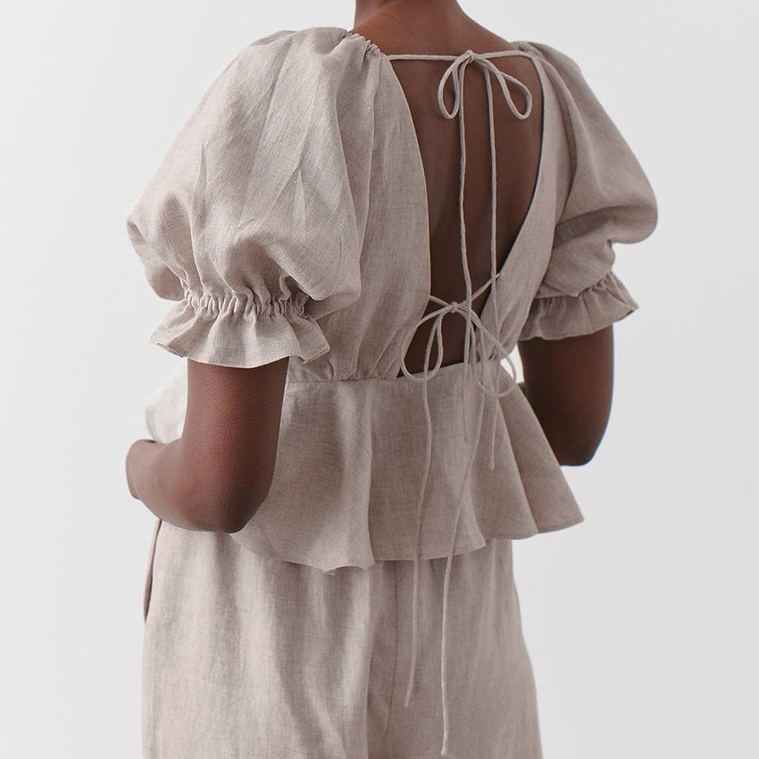 Chemise Coton Lin Col V Manches Bouffantes Femme