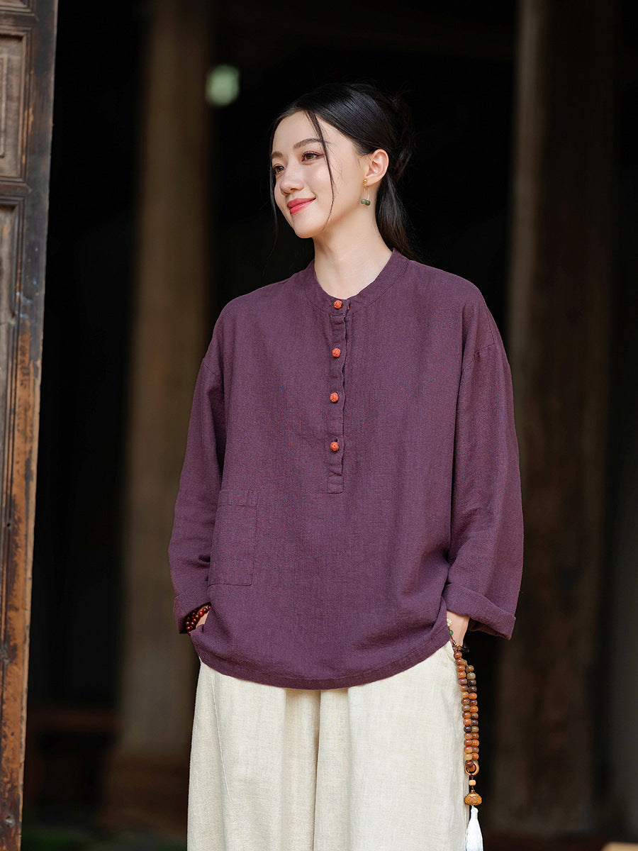 Chemise Lin Col Mao Bicolore Femme