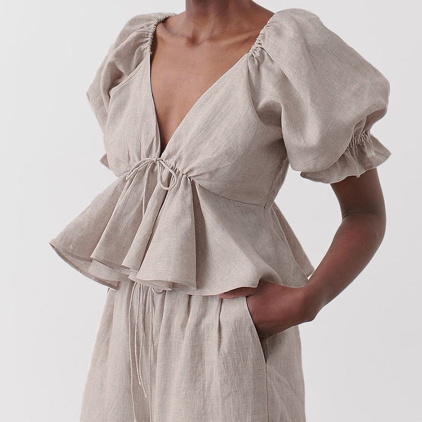 Chemise Coton Lin Col V Manches Bouffantes Femme