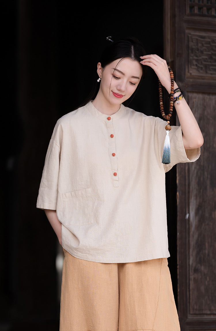 Chemise Lin Col Mao Bicolore Femme