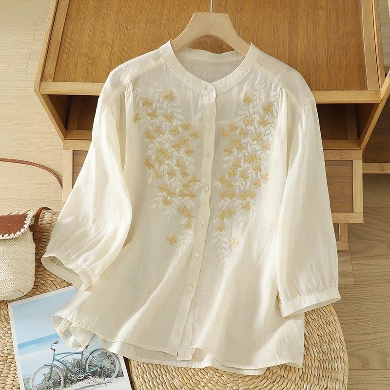 Chemise Lin Coton Brodée Manches Lanternes Femme
