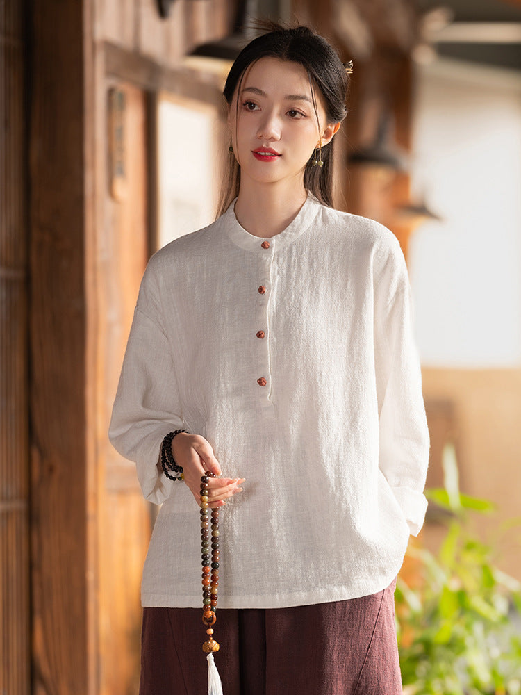 Chemise Lin Col Mao Bicolore Femme
