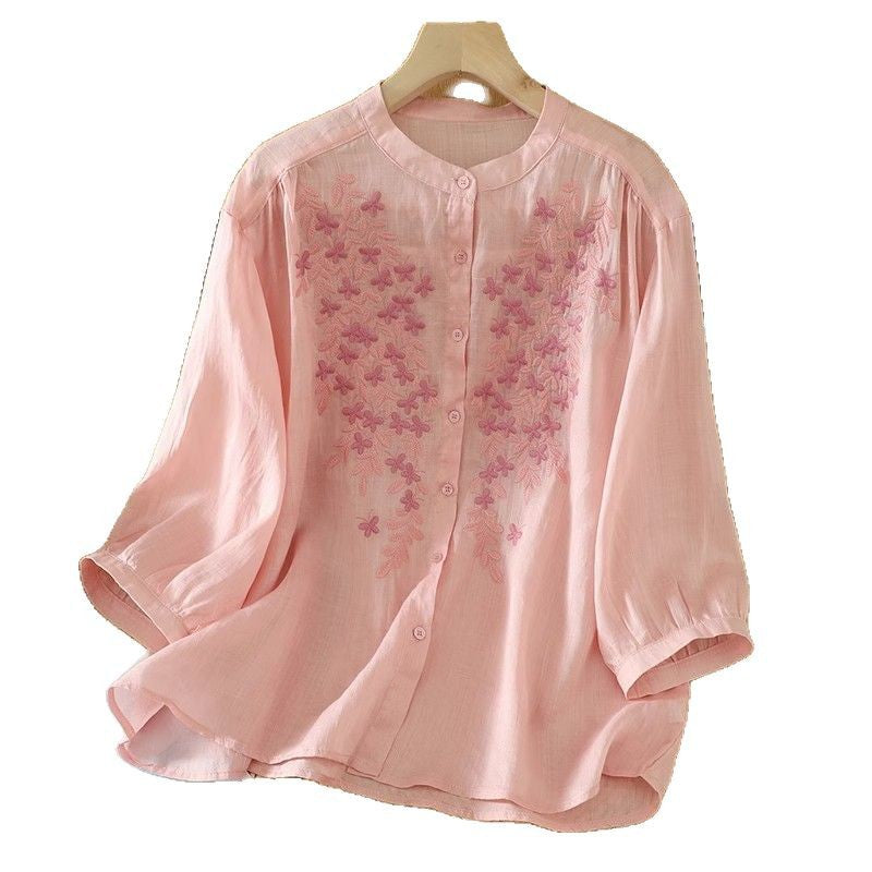 Chemise Lin Coton Brodée Manches Lanternes Femme