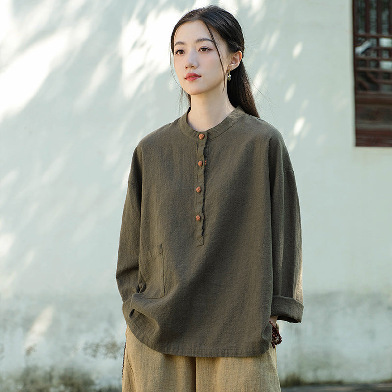 Chemise Lin Col Mao Bicolore Femme