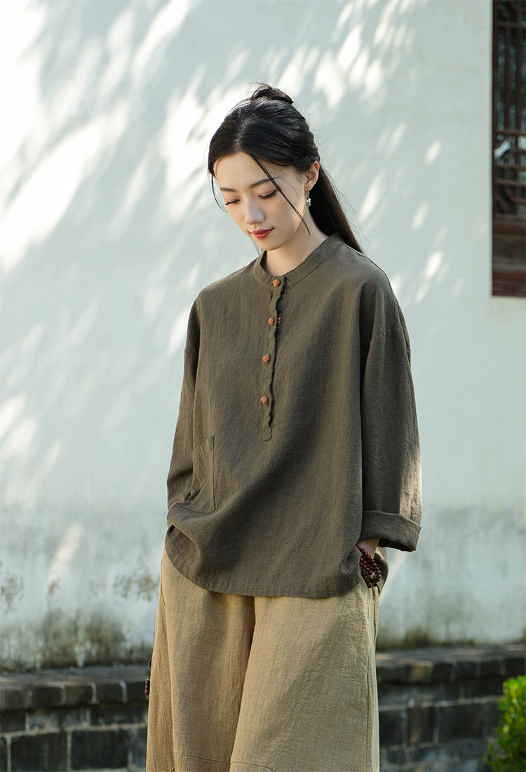 Chemise Lin Col Mao Bicolore Femme