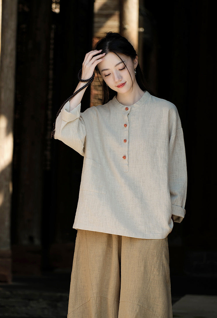 Chemise Lin Col Mao Bicolore Femme