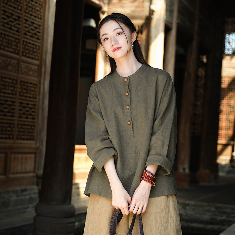 Chemise Lin Col Mao Bicolore Femme