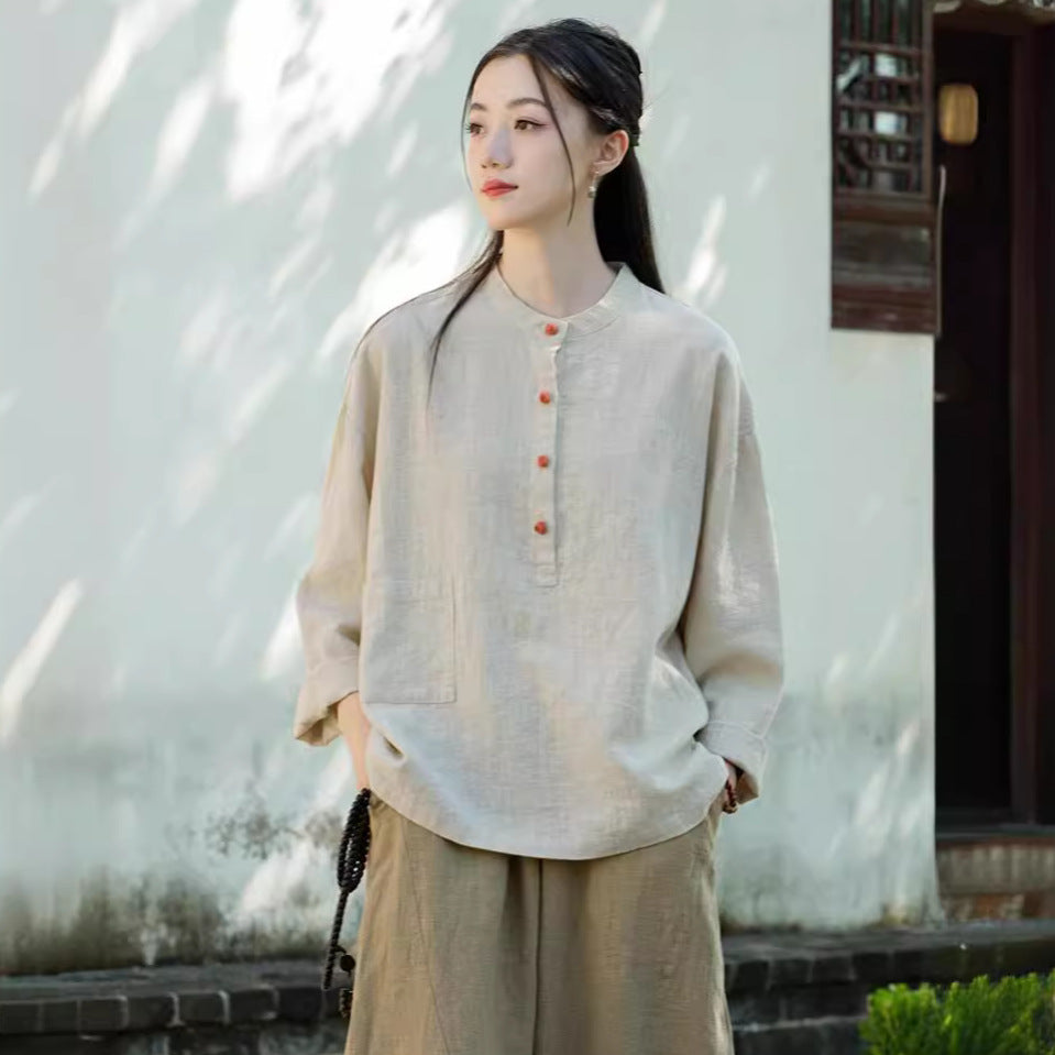 Chemise Lin Col Mao Bicolore Femme
