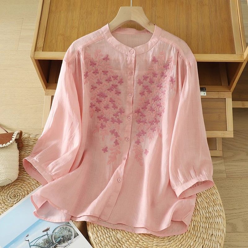 Chemise Lin Coton Brodée Manches Lanternes Femme