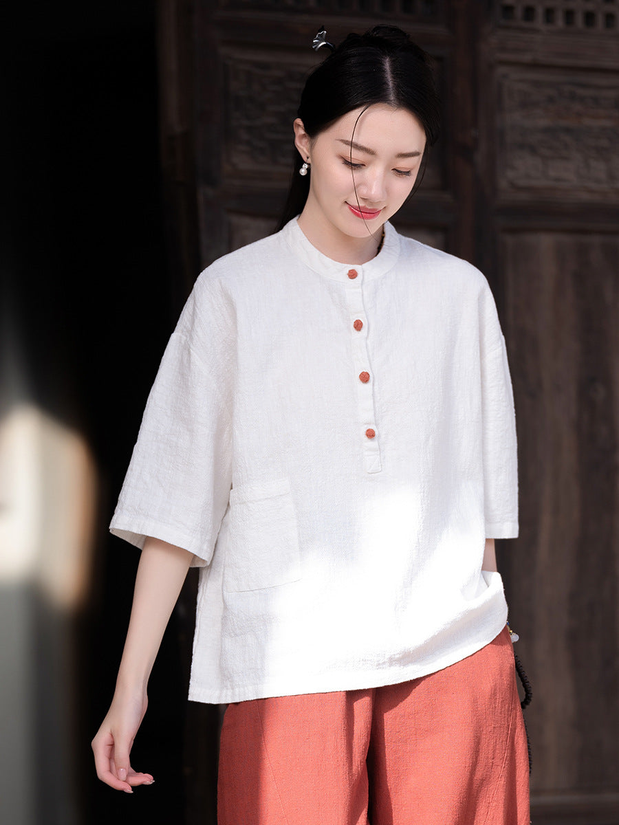 Chemise Lin Col Mao Bicolore Femme