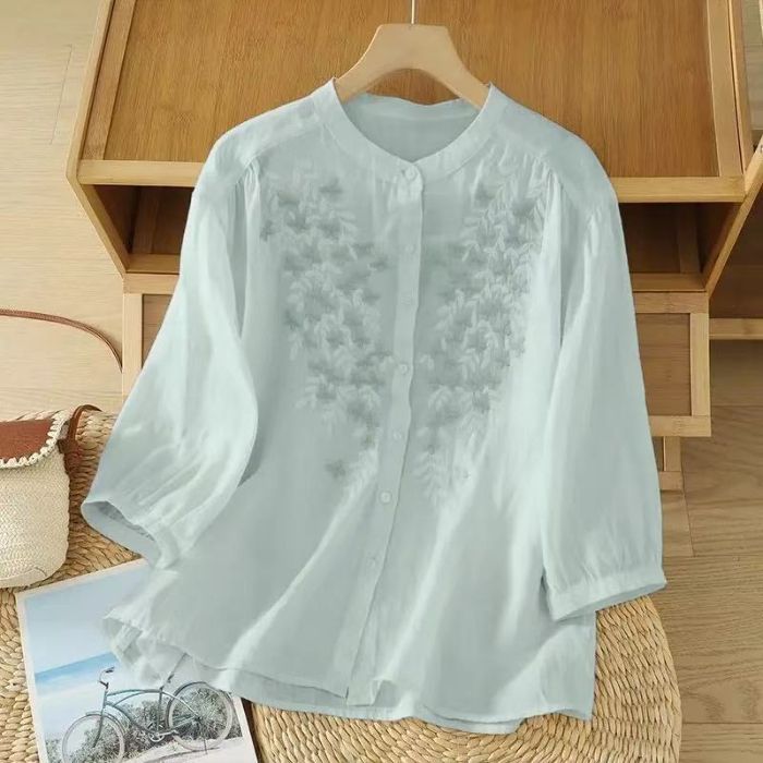 Chemise Lin Coton Brodée Manches Lanternes Femme