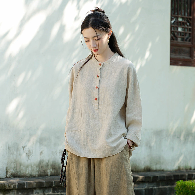 Chemise Lin Col Mao Bicolore Femme