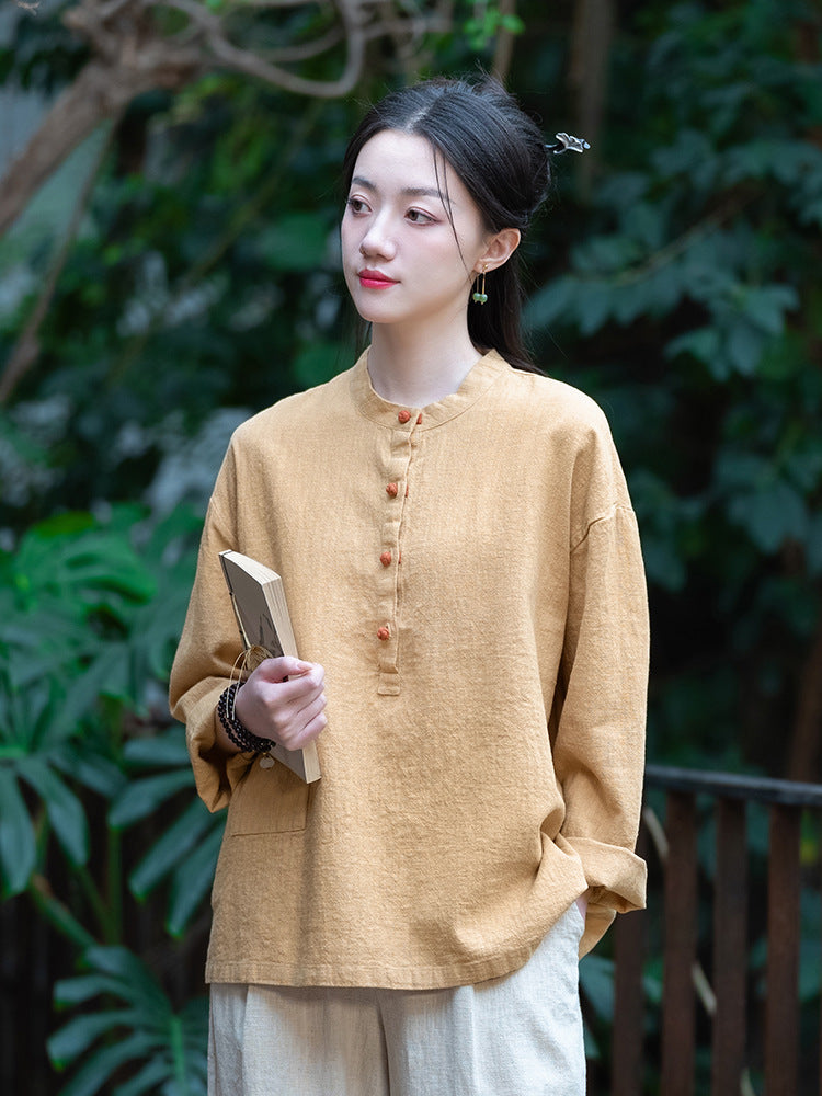 Chemise Lin Col Mao Bicolore Femme