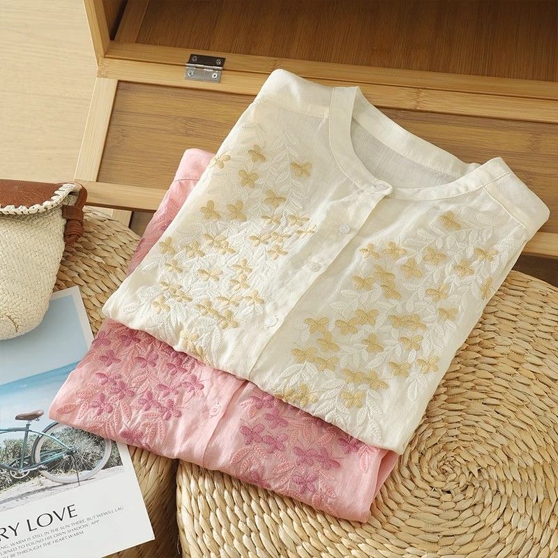Chemise Lin Coton Brodée Manches Lanternes Femme