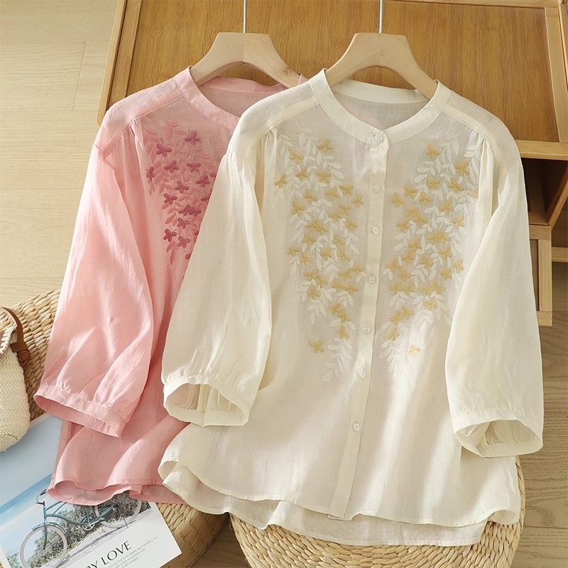 Chemise Lin Coton Brodée Manches Lanternes Femme