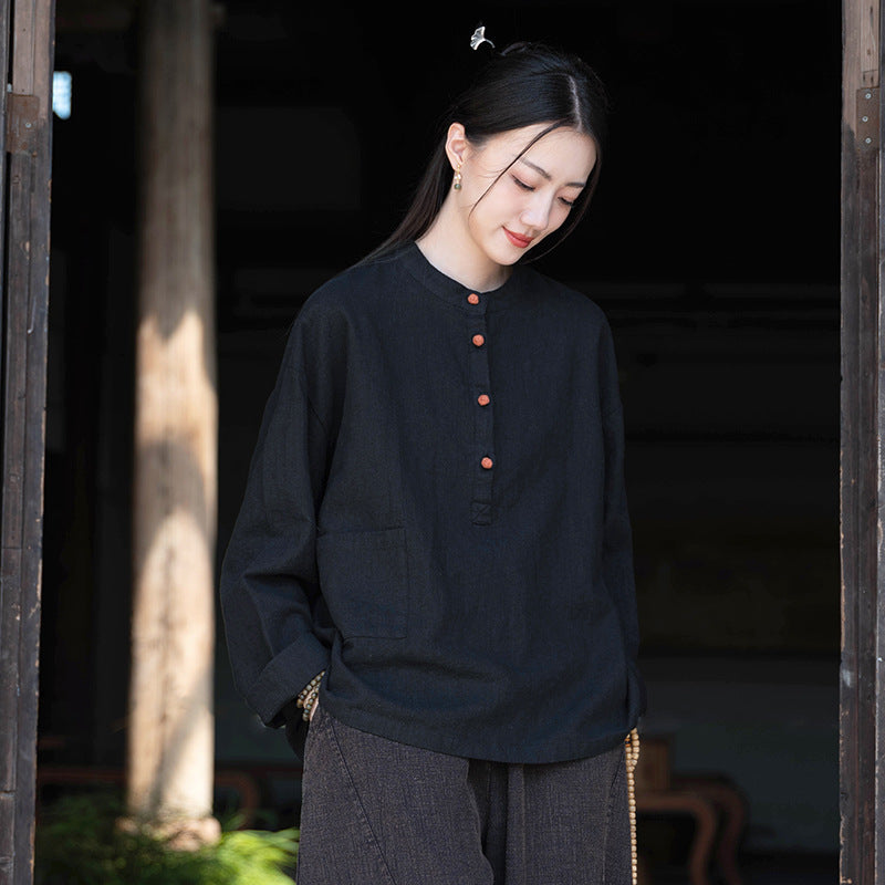 Chemise Lin Col Mao Bicolore Femme